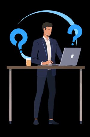 What is SEO? Mann steht neben einem Laptop mit einem Fragezeichen über dem Kopf